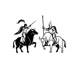 A simple black and white logo featuring two knights facing each other