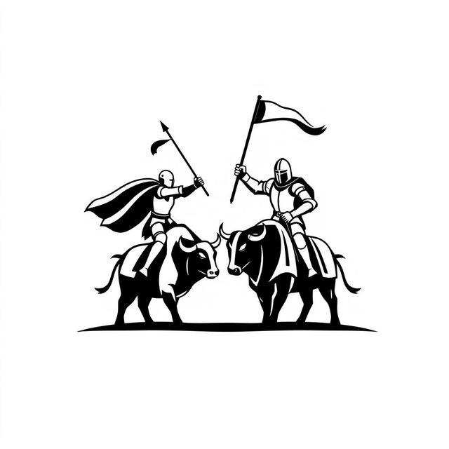 A simple black and white logo featuring two knights facing each other