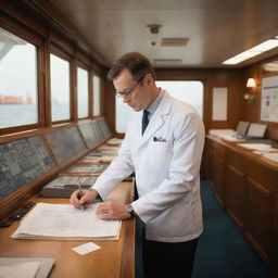 An individual in professional attire busily working onboard a large, meticulously detailed ship.