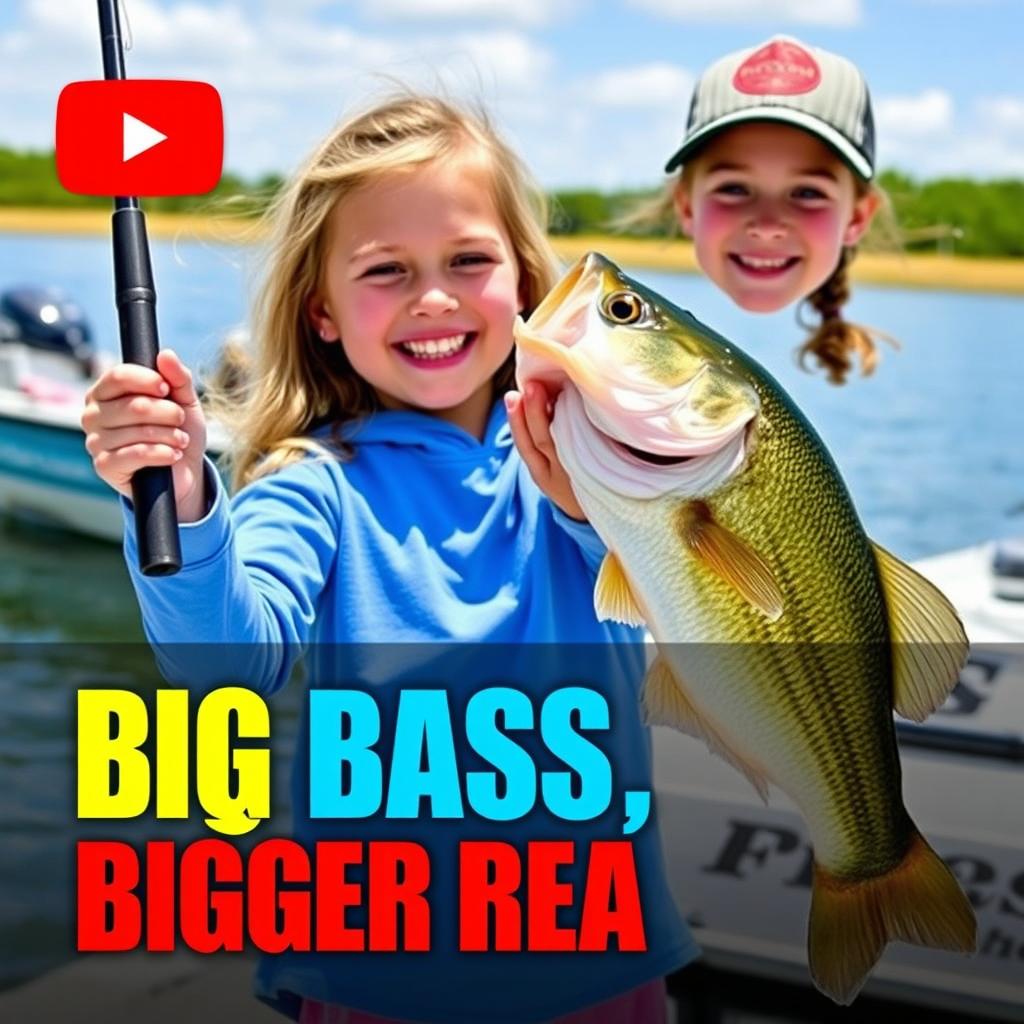 A vibrant YouTube Shorts thumbnail in a vertical 9:16 format (1920x1080 resolution) featuring an excited 9-year-old girl holding a fishing rod with a huge bass she has just caught