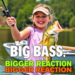 A vibrant YouTube Shorts thumbnail in a vertical 9:16 format (1920x1080 resolution) featuring an excited 9-year-old girl holding a fishing rod with a huge bass she has just caught