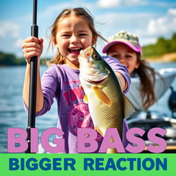 A vibrant YouTube Shorts thumbnail in a vertical 9:16 format (1920x1080 resolution) featuring an excited 9-year-old girl holding a fishing rod with a huge bass she has just caught