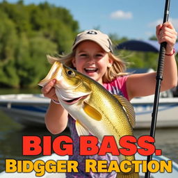 A vibrant YouTube Shorts thumbnail in a vertical 9:16 format (1920x1080 resolution) featuring an excited 9-year-old girl holding a fishing rod with a huge bass she has just caught