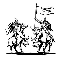 A simple black and white logo featuring two knights facing each other in an epic standoff