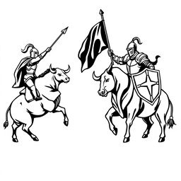 A simple black and white logo featuring two knights facing each other in an epic standoff