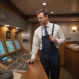 An individual in professional attire busily working onboard a large, meticulously detailed ship.