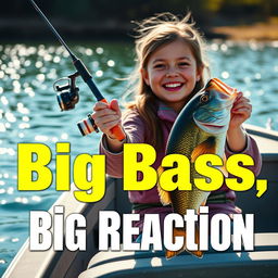 A captivating YouTube Shorts thumbnail in a vertical 9:16 format (1920x1080 resolution) featuring a joyful 9-year-old girl fisherman with a bright smile, excitedly holding a spinning rod equipped with a fishing reel and a huge bass she just caught