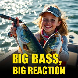 A captivating YouTube Shorts thumbnail in a vertical 9:16 format (1920x1080 resolution) featuring a joyful 9-year-old girl fisherman with a bright smile, excitedly holding a spinning rod equipped with a fishing reel and a huge bass she just caught