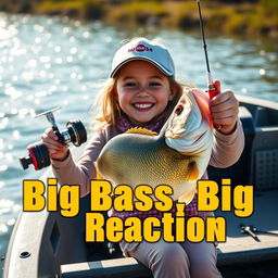 A captivating YouTube Shorts thumbnail in a vertical 9:16 format (1920x1080 resolution) featuring a joyful 9-year-old girl fisherman with a bright smile, excitedly holding a spinning rod equipped with a fishing reel and a huge bass she just caught