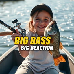 A captivating YouTube Shorts thumbnail in a vertical 9:16 format (1920x1080 resolution) featuring a joyful 9-year-old girl fisherman with a bright smile, excitedly holding a spinning rod equipped with a fishing reel and a huge bass she just caught