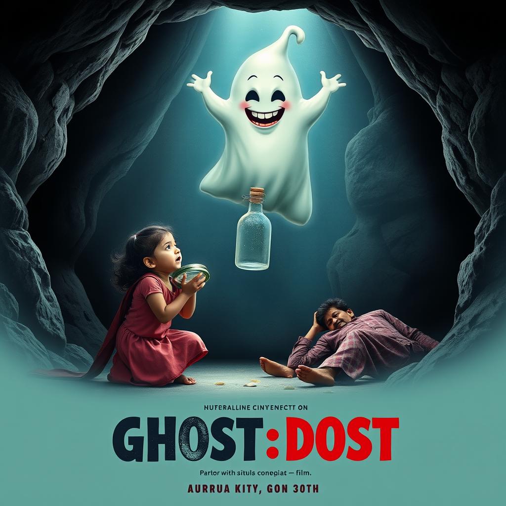 A horror comedy cinematic film poster for 'GHOST:DOST', featuring a small Indian girl kneeling inside a large, dark cave, her expression a mix of awe and fear as she opens the lid of a glass bottle