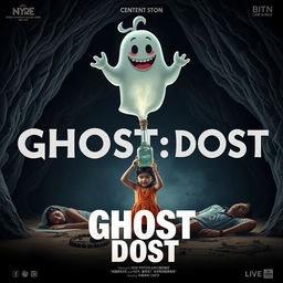 A horror comedy cinematic film poster for 'GHOST:DOST', featuring a small Indian girl kneeling inside a large, dark cave, her expression a mix of awe and fear as she opens the lid of a glass bottle