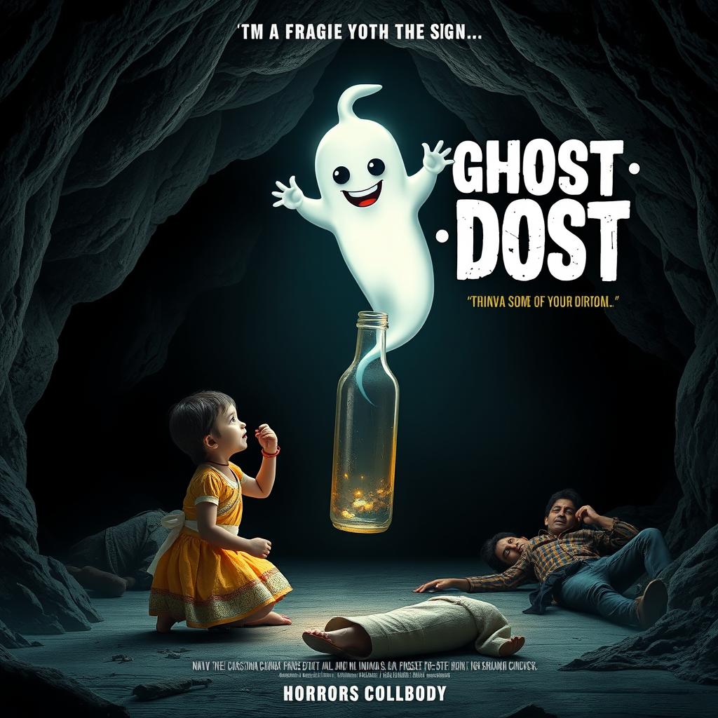 A horror comedy cinematic film poster for 'GHOST:DOST', featuring a small Indian girl kneeling inside a large, dark cave, her expression a mix of awe and fear as she opens the lid of a glass bottle