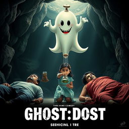 A horror comedy cinematic film poster for 'GHOST:DOST', featuring a small Indian girl kneeling inside a large, dark cave, her expression a mix of awe and fear as she opens the lid of a glass bottle