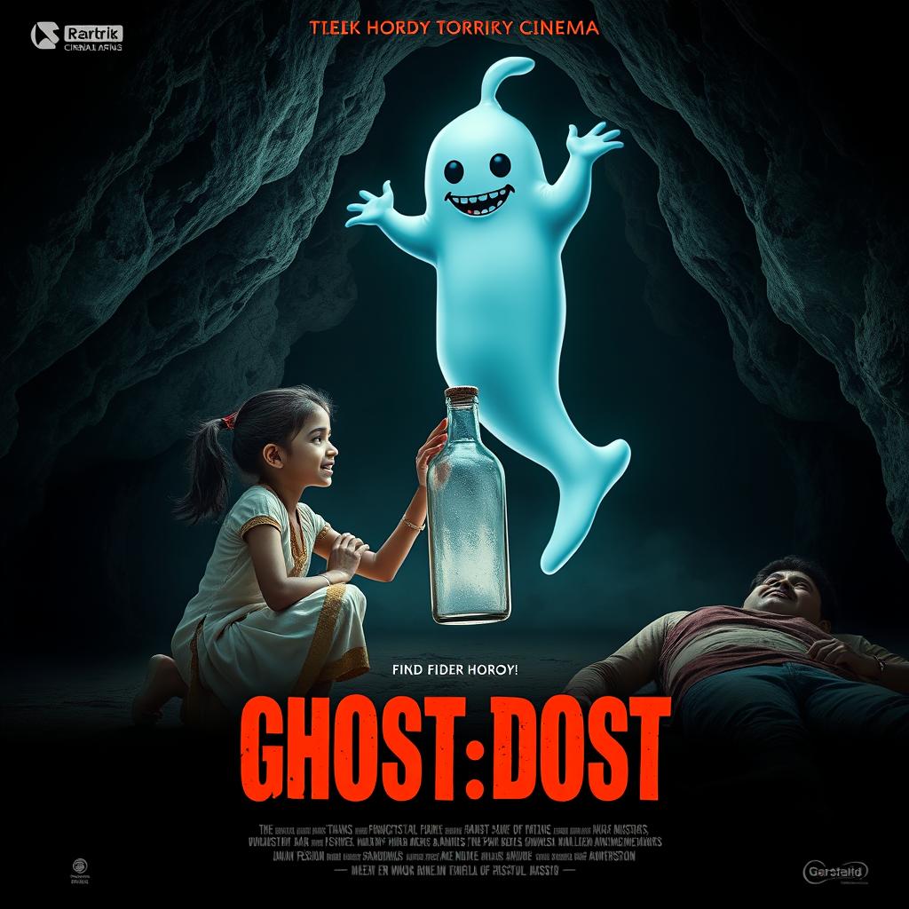 A horror comedy cinematic film poster for 'GHOST:DOST', featuring a teen Indian girl kneeling inside a large, dark cave, her expression a mix of awe and fear as she opens the lid of a glass bottle