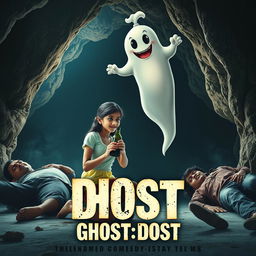 A horror comedy cinematic film poster for 'GHOST:DOST', featuring a teen Indian girl kneeling inside a large, dark cave, her expression a mix of awe and fear as she opens the lid of a glass bottle