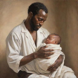 A stirring illustration that portrays a historical scene where a white man is taking away the newborn baby from an African American mother, her heart-wrenching struggle and desperation visible.