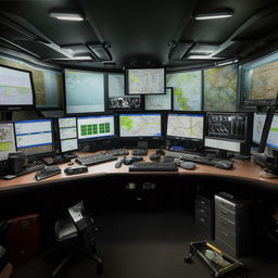 The meticulously organized desk of the SWAT Commander, featuring a high-tech computer setup, detailed maps, critical documents, and vital communication equipment.