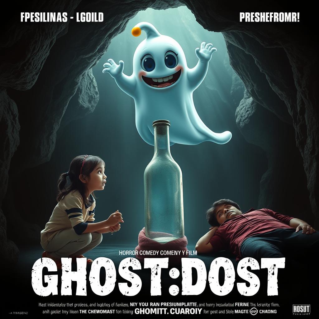 A horror comedy cinematic film poster for 'GHOST:DOST', featuring a teen Indian girl kneeling inside a large, dark cave, her expression a mix of awe and fear as she opens the lid of a glass bottle