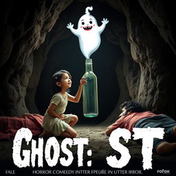 A horror comedy cinematic film poster for 'GHOST:DOST', featuring a teen Indian girl kneeling inside a large, dark cave, her expression a mix of awe and fear as she opens the lid of a glass bottle