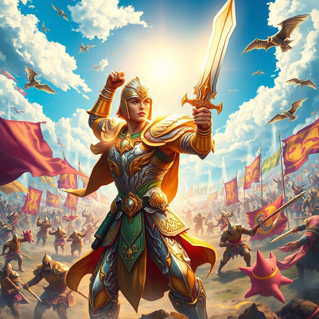 A vivid and heroic scene featuring a bright fantasy warrior on a sprawling battlefield