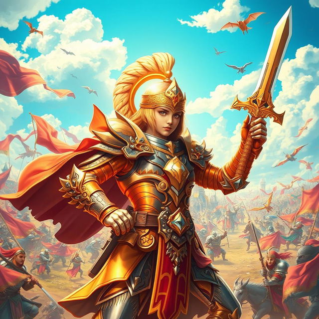 A vivid and heroic scene featuring a bright fantasy warrior on a sprawling battlefield