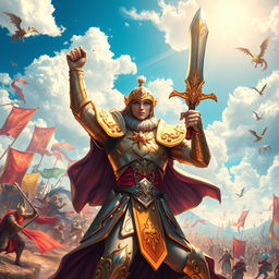 A vivid and heroic scene featuring a bright fantasy warrior on a sprawling battlefield