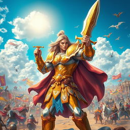 A vivid and heroic scene featuring a bright fantasy warrior on a sprawling battlefield