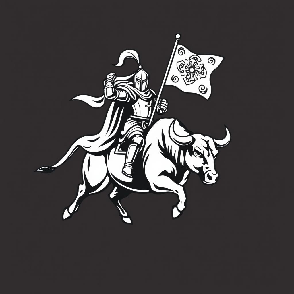 A black and white logo design featuring a knight elegantly riding a powerful bull