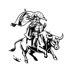 A black and white logo design featuring a knight elegantly riding a powerful bull