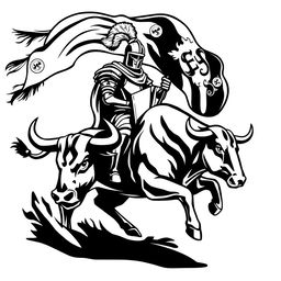 A black and white logo design featuring a knight elegantly riding a powerful bull