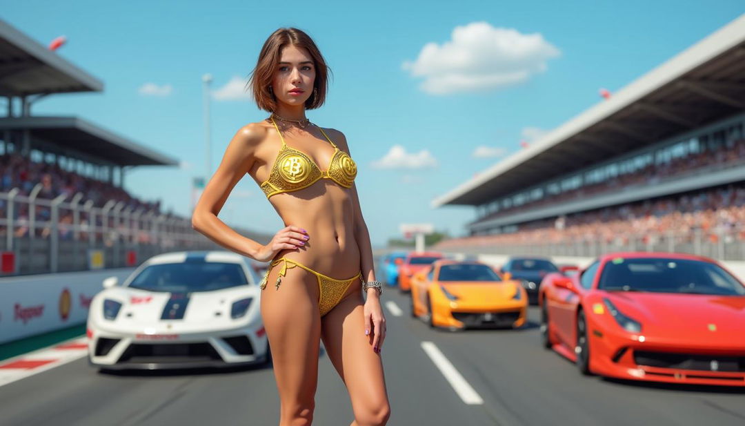 A realistic long shot photo of a beautiful young Uzbek woman, around 18 years old, with short hair and a curvy figure, confidently posing seductively on a bustling car racing circuit