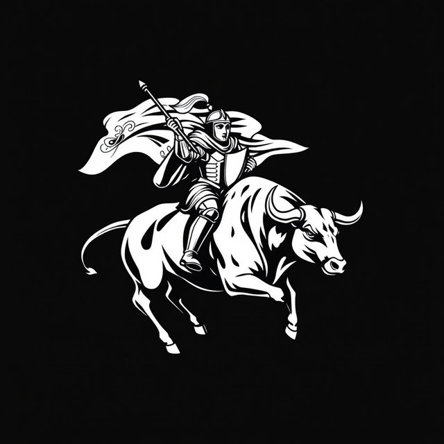 A black and white logo design featuring a knight elegantly riding a powerful bull