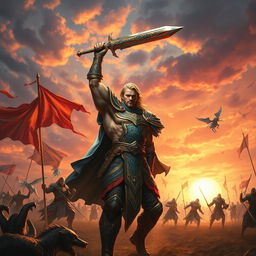 An inspiring scene of a fantasy warrior on a vast battlefield, illuminated by the warm glow of a setting sun