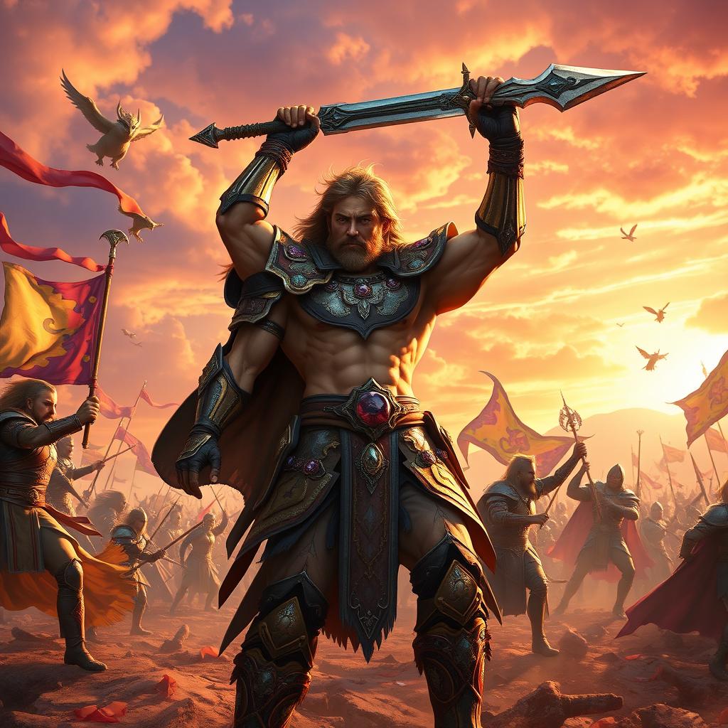 An inspiring scene of a fantasy warrior on a vast battlefield, illuminated by the warm glow of a setting sun