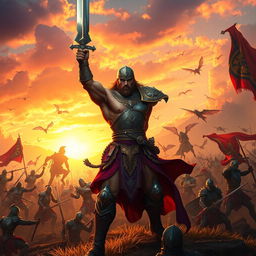 An inspiring scene of a fantasy warrior on a vast battlefield, illuminated by the warm glow of a setting sun