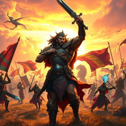 An inspiring scene of a fantasy warrior on a vast battlefield, illuminated by the warm glow of a setting sun