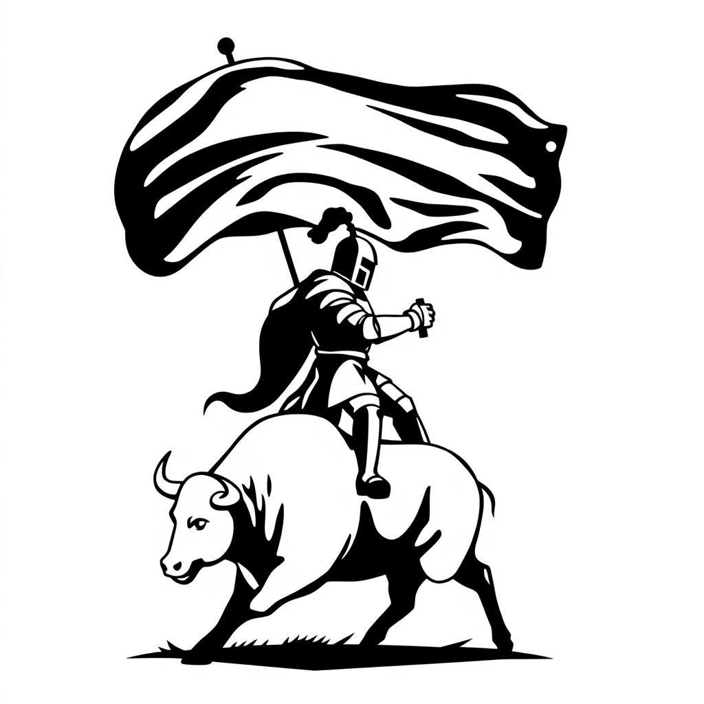 A full view of a simple black and white silhouette logo depicting a knight holding a flag while riding a bull