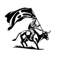 A full view of a simple black and white silhouette logo depicting a knight holding a flag while riding a bull