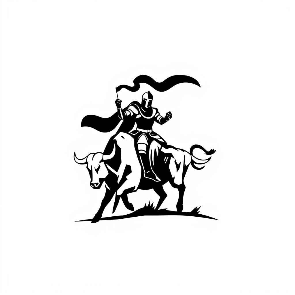 A full view of a simple black and white silhouette logo depicting a knight holding a flag while riding a bull