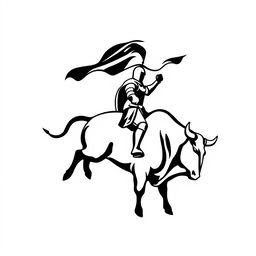 A full view of a simple black and white silhouette logo depicting a knight holding a flag while riding a bull