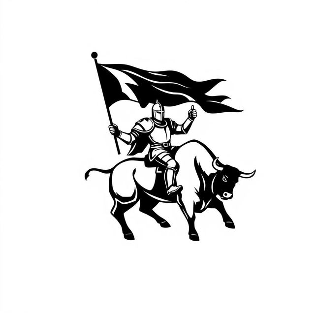 A full view of a simple black silhouette logo that showcases a knight holding a flag while riding a bull