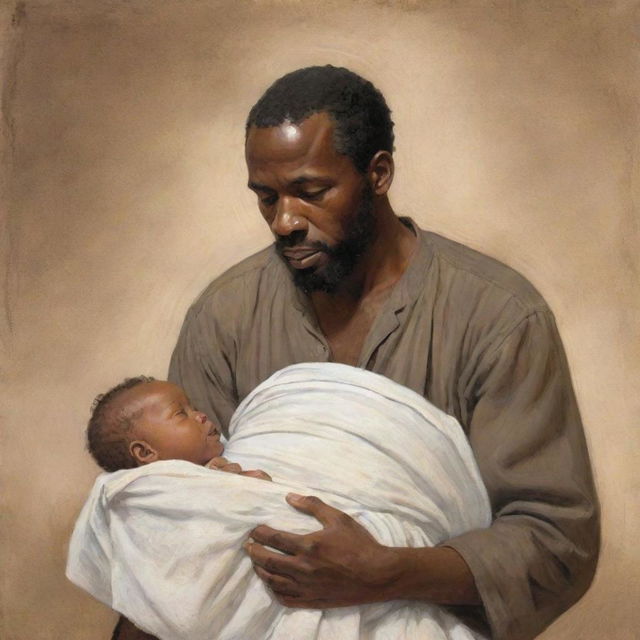 A stirring illustration that portrays a historical scene where a white man is taking away the newborn baby from an African American mother, her heart-wrenching struggle and desperation visible.