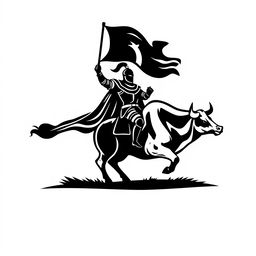 A full view of a simple black silhouette logo that showcases a knight holding a flag while riding a bull