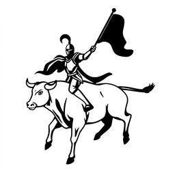 A full view of a simple black silhouette logo that showcases a knight holding a flag while riding a bull