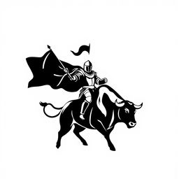 A full view of a simple black silhouette logo that showcases a knight holding a flag while riding a bull