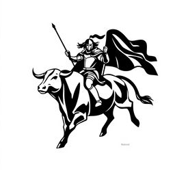 A full view of a simple black silhouette logo depicting a knight confidently holding a flag while riding a bull