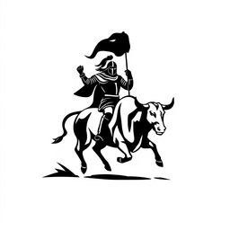 A full view of a simple black silhouette logo depicting a knight confidently holding a flag while riding a bull