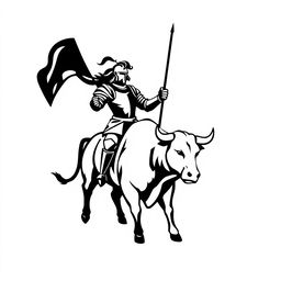 A full view of a simple black silhouette logo depicting a knight confidently holding a flag while riding a bull