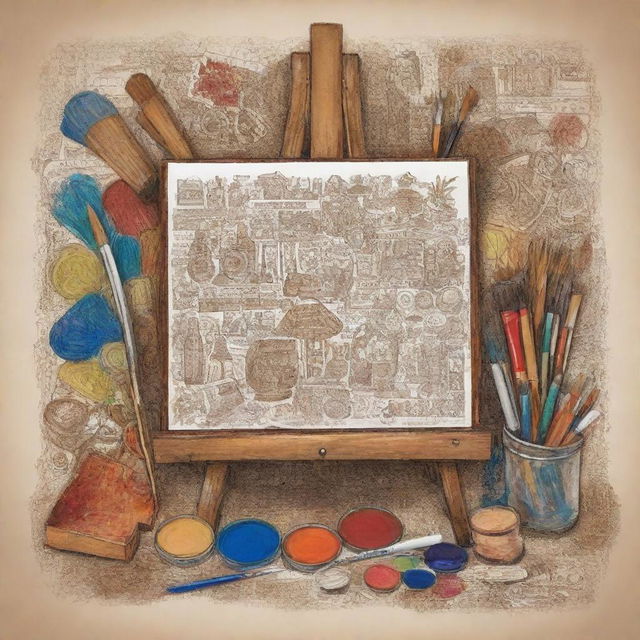 Add elements including a paintbrush, palette, easel and canvas to the Filipino arts doodle-style poster, symbolizing artistry. Ensure these elements are in line with the lively, brown-toned aesthetics of the image.